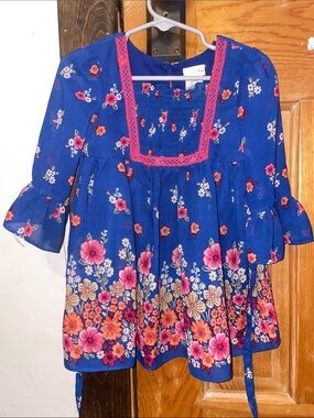 Sweet Heart Rose Royal Blue Floral Toddler Dress with Pink Trim